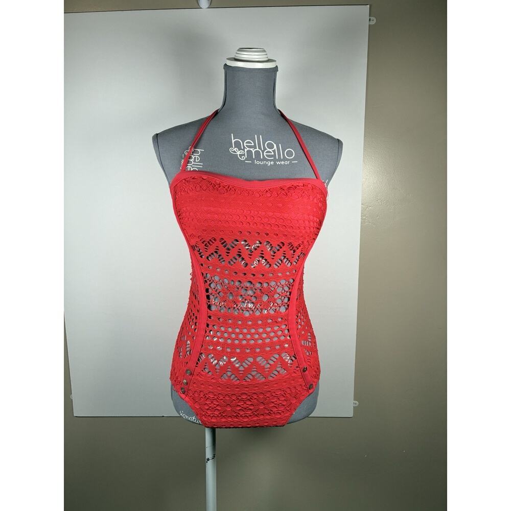 Robin Piccone Size 4 Red Crochet One Piece Swimsuit Bandeau Halter Boho